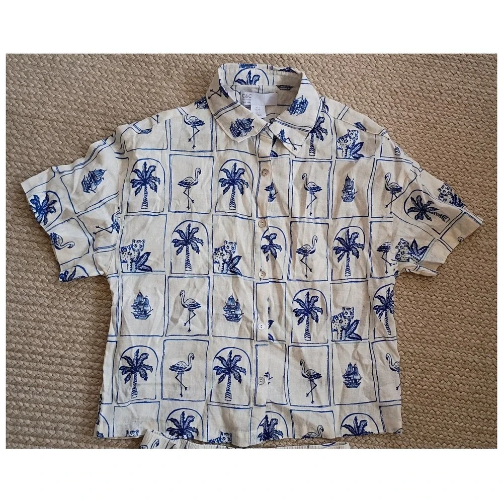 C&C California Linen Matching Set Shirt Shorts Blue White Flamingo Tropical SZ S